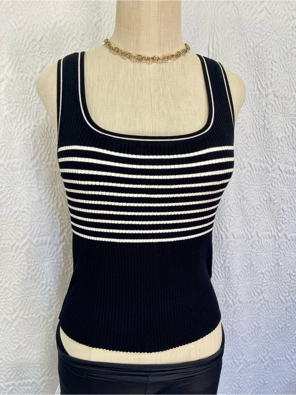 H&M Black and White Striped Ribbed Square Neck Tank